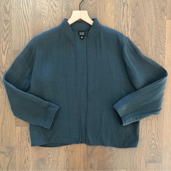 Eileen Fisher Textured Stand Collar Silk Blend Jacket Emerald Blue Green Small - Picture 2 of 8